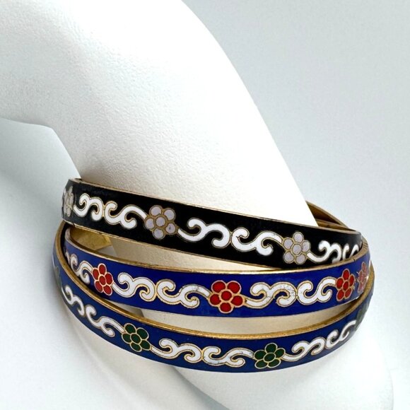Cloisonne Enamel Brass Blue Red Green Black Vtg Set of 3 Bangle Bracelet  7.5 - Picture 11 of 16